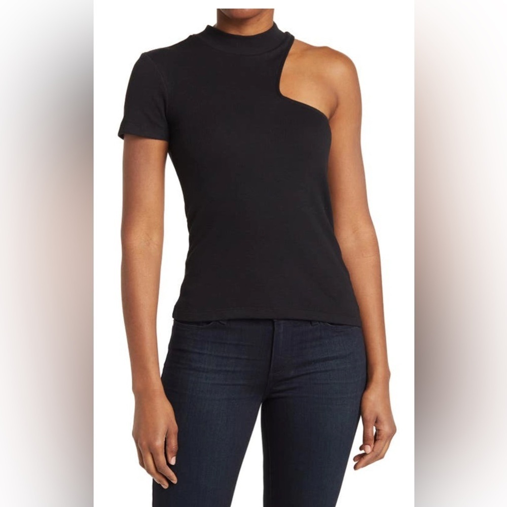 NEW Melrose And Market Women's XS Black Mock Neck Cutout Ribbed T-Shirt Top